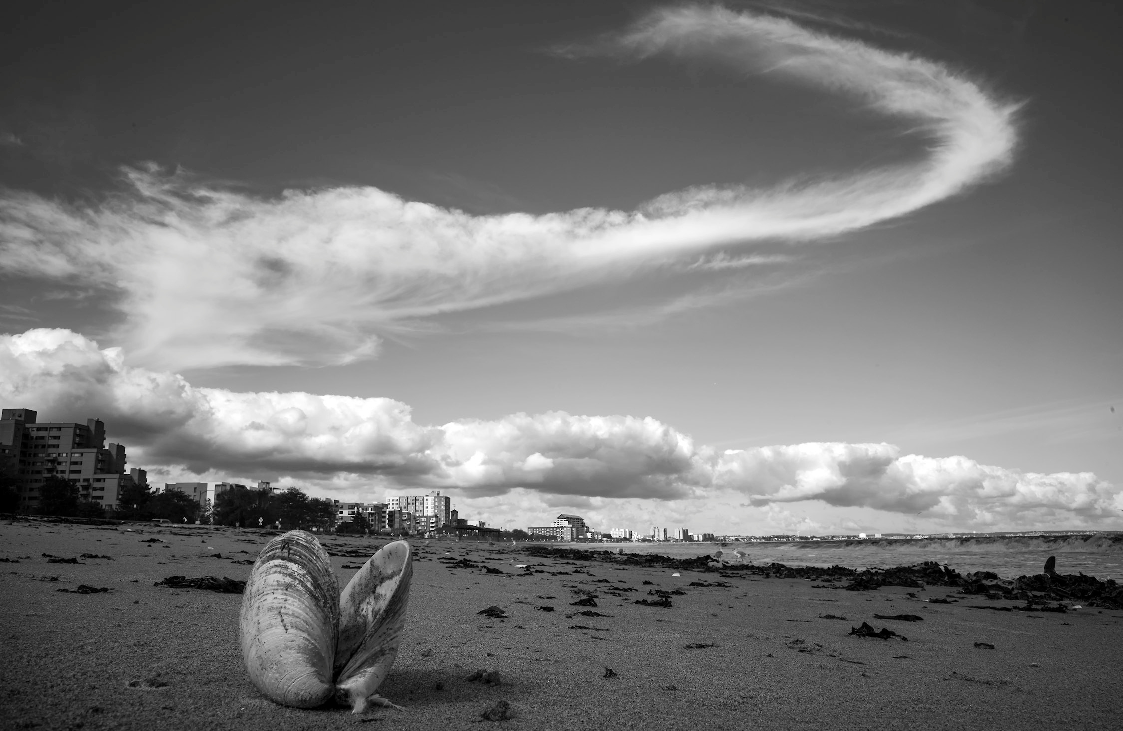 Sept. 24, 2024: Unique cloud formations over Revere Beach. (Photographed in black and white.)