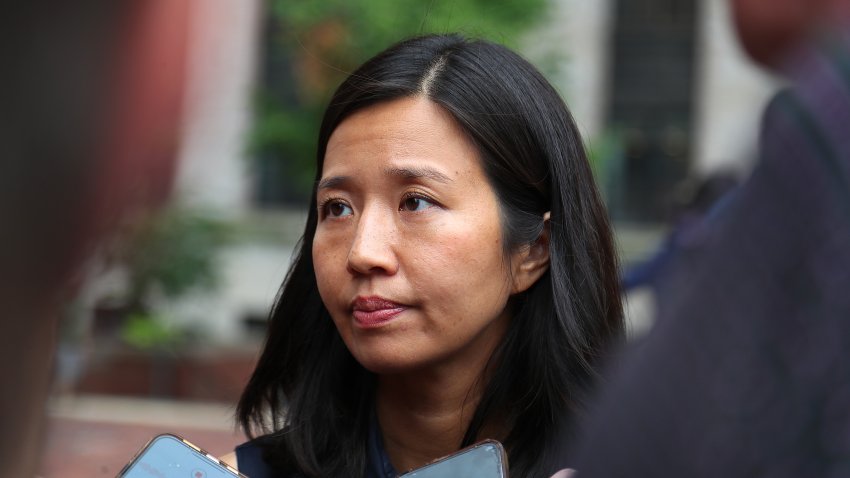 Boston, MA – July 5: Boston Mayor Michelle Wu meets with the media before a Cape Verde Independence Day ceremony at City Hall Plaza. (Photo by John Tlumacki/The Boston Globe via Getty Images)