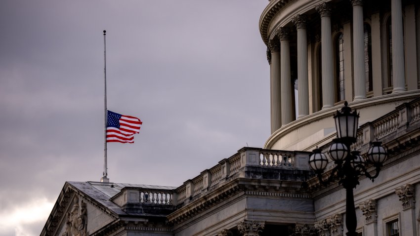 WASHINGTON, DC – JANUARY 2: A flag is lowered to half-staff for the death of former U.S. President Jimmy Carter at the U.S. Capitol Building on January 2, 2025 in Washington, DC. Congress returns tomorrow for a busy month including the January 6th, 2025 vote count to certify the election, Inauguration Day, and a ceremony for Carter who will lie in state in the U.S. Capitol’s rotunda. (Photo by Andrew Harnik/Getty Images)