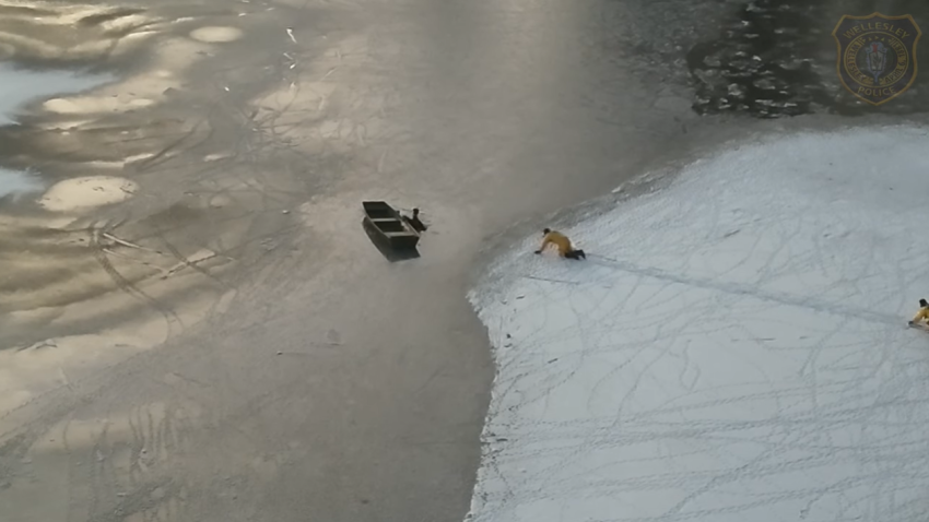 An ice rescue on Lake Waban in Wellesley, Massachusetts, on Sunday, Jan. 12, 2025.