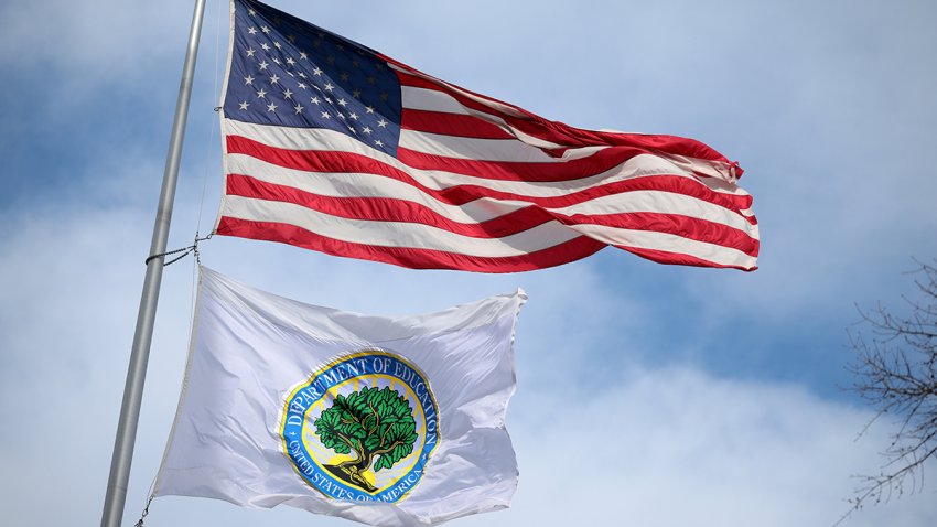 WASHINGTON, DC – FEBRUARY 07: Flags fly over the Lyndon Baines Johnson Department of Education Building is seen on February 07, 2025 in Washington, DC. U.S. President Donald Trump has indicated that he is seeking to abolish the Department of Education by executive order in the coming weeks. (Photo by Kayla Bartkowski/Getty Images)