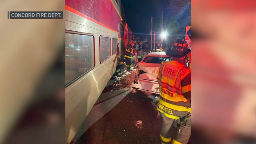 A damaged car that was hit by an MBTA commuter train in Concord, Massachusetts, on Sunday, Feb. 23, 2025.
