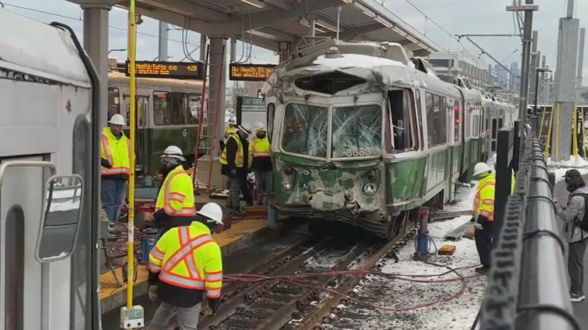 A damaged MBTA Green Line train at the East Somerville stop hours after a collision with another train on Sunday, Feb. 9, 2025.