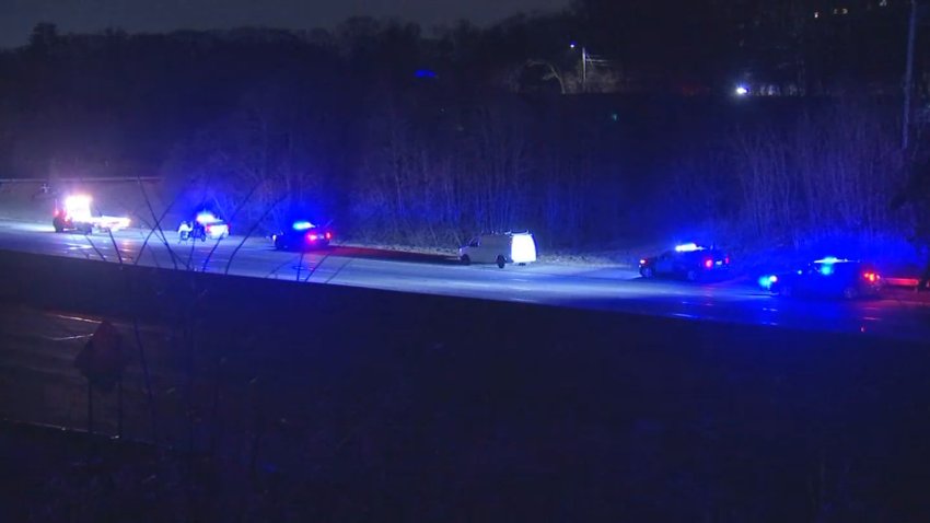 Massachusetts State Police troopers surround a vehicle allegedly involved in a chase that ended on I-95 in Waltham overnight.