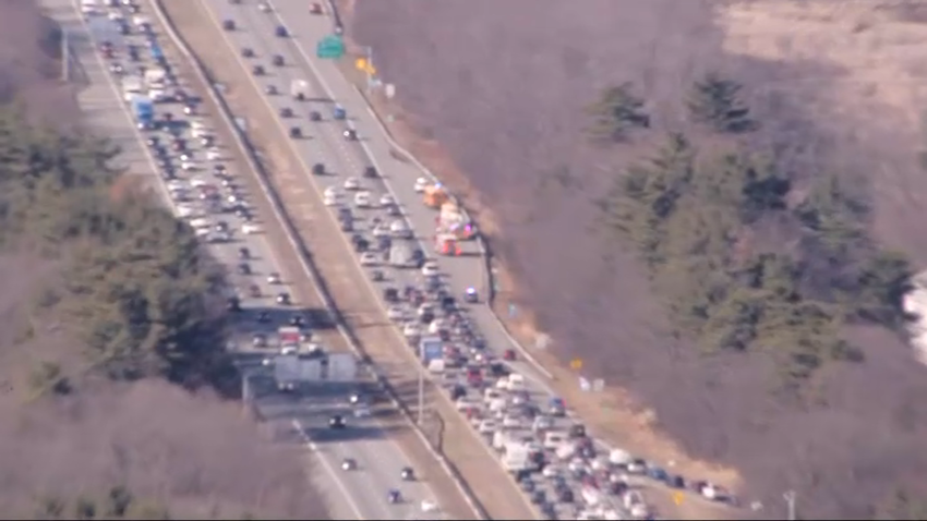 Traffic backed up on Interstate 93 after a crash on Wednesday, March 19, 2025.