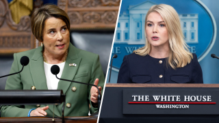 Split image of Maura Healey and Karoline Leavitt