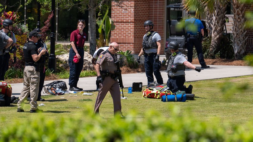 Local and state law enforcement agencies work the scene of an active shooter on the campus of Florida State University on Thursday, April 17, 2025.
