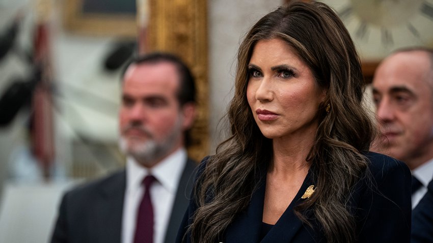 WASHINGTON, DC – APRIL 14: Kristi Noem, Homeland Security Secretary, during a meeting with US President Donald Trump and Nayib Bukele, El Salvador’s president, in the Oval Office of the White House in Washington, DC, US, on Monday, April 14, 2025. (Photo by Al Drago for The Washington Post via Getty Images)
