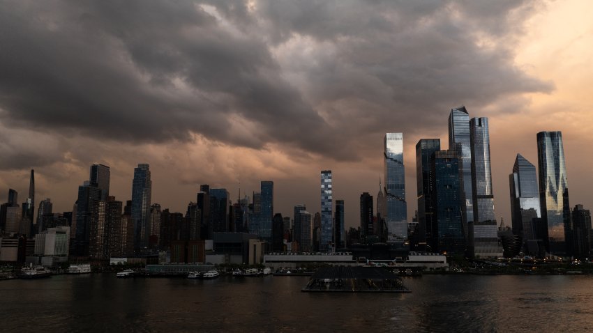 NEW YORK, NY – APRIL 26: The sun sets on midtown Manhattan and One World Trade Center following a thunderstorm in New York City on April 26, 2025. (Photo by Lokman Vural Elibol/Anadolu via Getty Images)