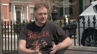 Prospective Massachusetts gubernatorial candidate Connor Gray, of Peabody, being interviewed on Monday, April 21, 2025.