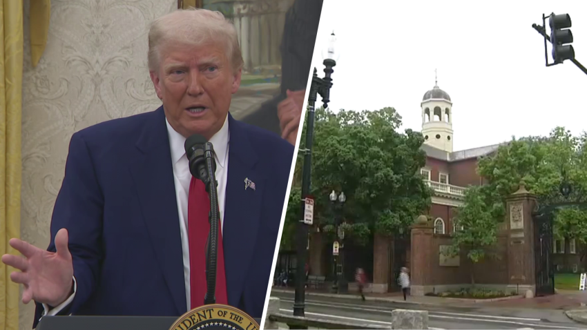 President Donald Trump, seen at left, and Harvard University at right