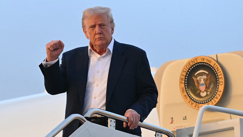 TOPSHOT – US President Donald Trump disembarks from Air Force One upon arrival at Joint Base Andrews in Maryland, May 4, 2025, as he returns to the WHite House after spending the weekend in Florida. (Photo by SAUL LOEB / AFP) (Photo by SAUL LOEB/AFP via Getty Images)