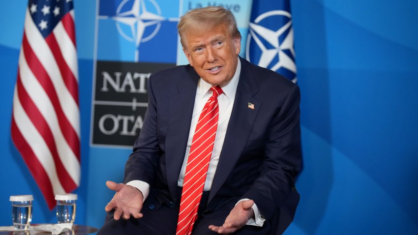 THE HAGUE, NETHERLANDS – JUNE 25: U.S. President Donald Trump speaks to media at the start of the second day of the 2025 NATO Summit on June 25, 2025 in The Hague, Netherlands. Among other matters, members are to approve a new defense investment plan that raises the target for defense spending to 5% of GDP. (Photo by Andrew Harnik/Getty Images)