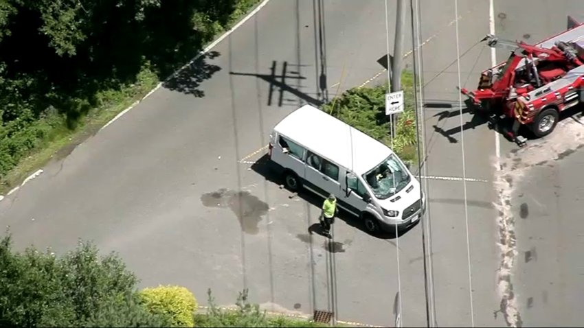 Aerial footage shows a damaged van at the scene of a serious crash in Hanover, Massachusetts, on July 24, 2025.