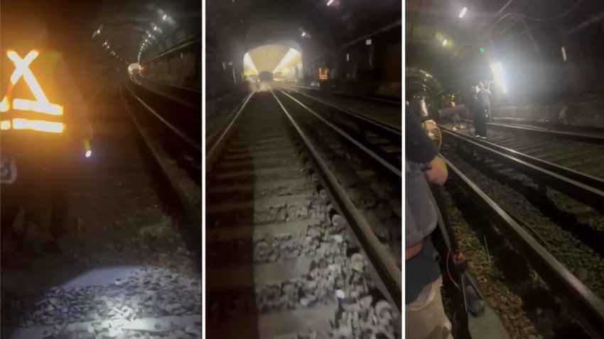 Three still images of people in a Blue Line subway tunnel in Boston from video shared with NBC10 Boston on Tuesday, July 15, 2025.