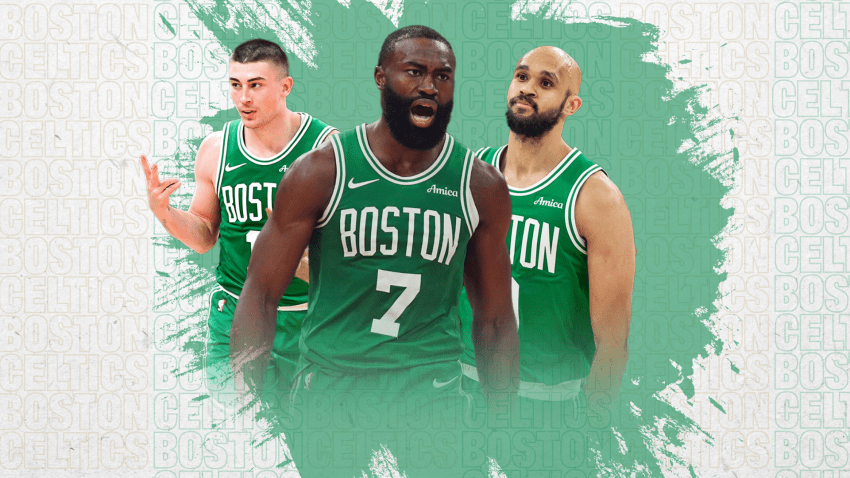 Celtics teammates Payton Pritchard, Jaylen Brown and Derrick White