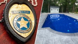 A file image of a U.S. postal inspector badge and an outdoor pool that former Inspector Scott Kelley allegedly used money stolen from packages to finish.