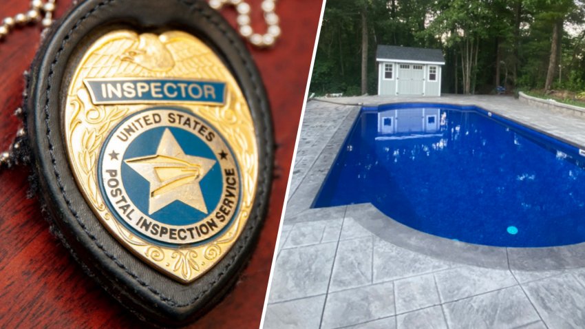 A file image of a U.S. postal inspector badge and an outdoor pool that former Inspector Scott Kelley allegedly used money stolen from packages to finish.