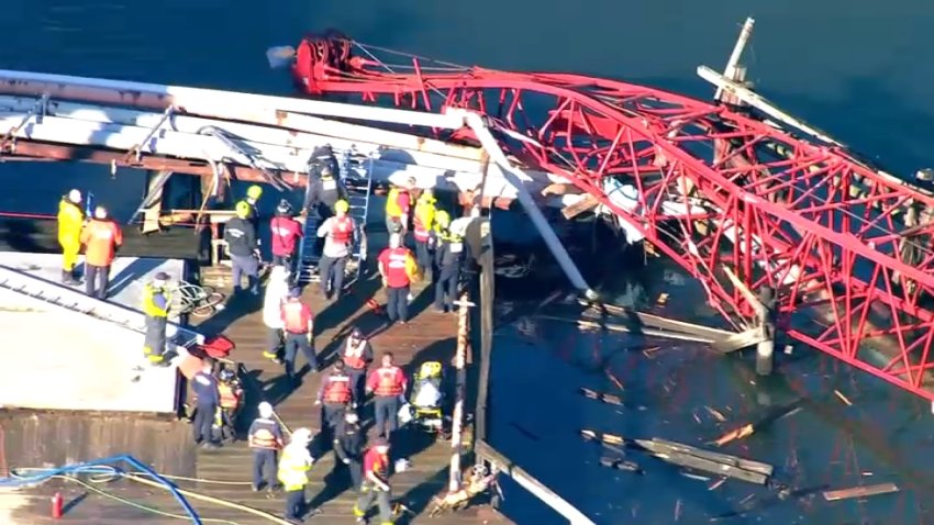 People standing near a collapsed crane in Everett, Massachusetts, on Friday, Oct. 24, 2025.