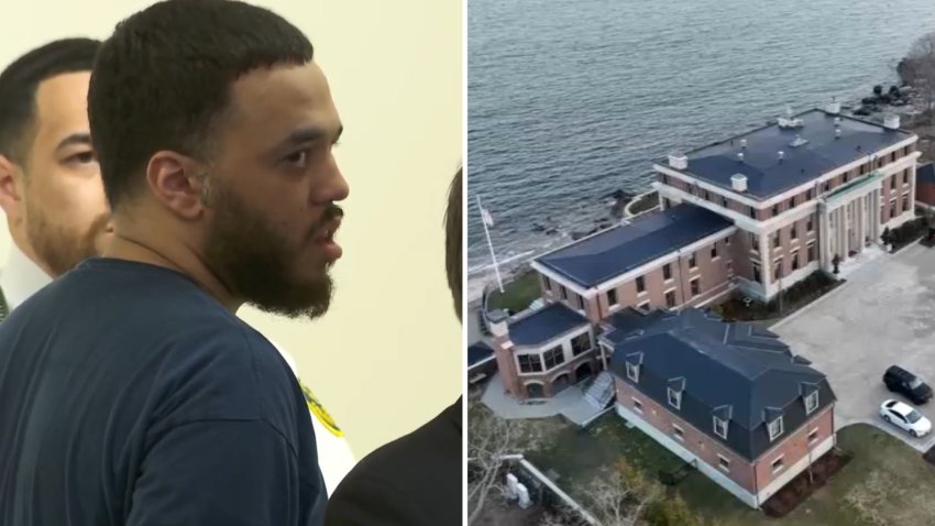 At left, Emajae Brown is arraigned on kidnapping, home invasion and other charges in the armed robbery of a mansion in Beverly, Massachusetts, seen at right.
