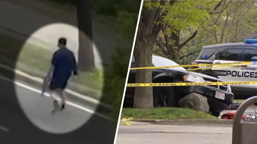 At left: A still image from video that showing a gunman apparently opening fire on Memorial Drive in Cambridge, Massachusetts, on Monday, May 11, 2026. At right, police investigating the aftermath.