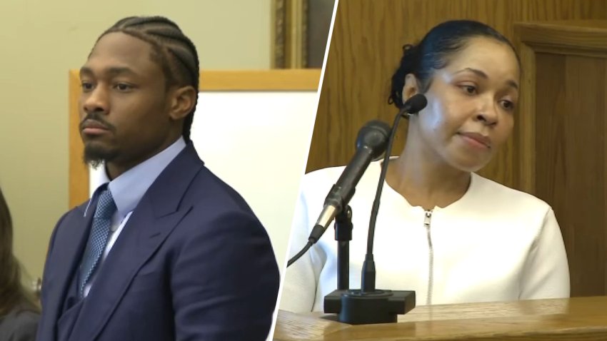 NFL star Stefon Diggs and accuser Mila Adams in a Dedham, Massachusetts, court on Monday, May 4, 2026, for the start of Diggs' assault trial.