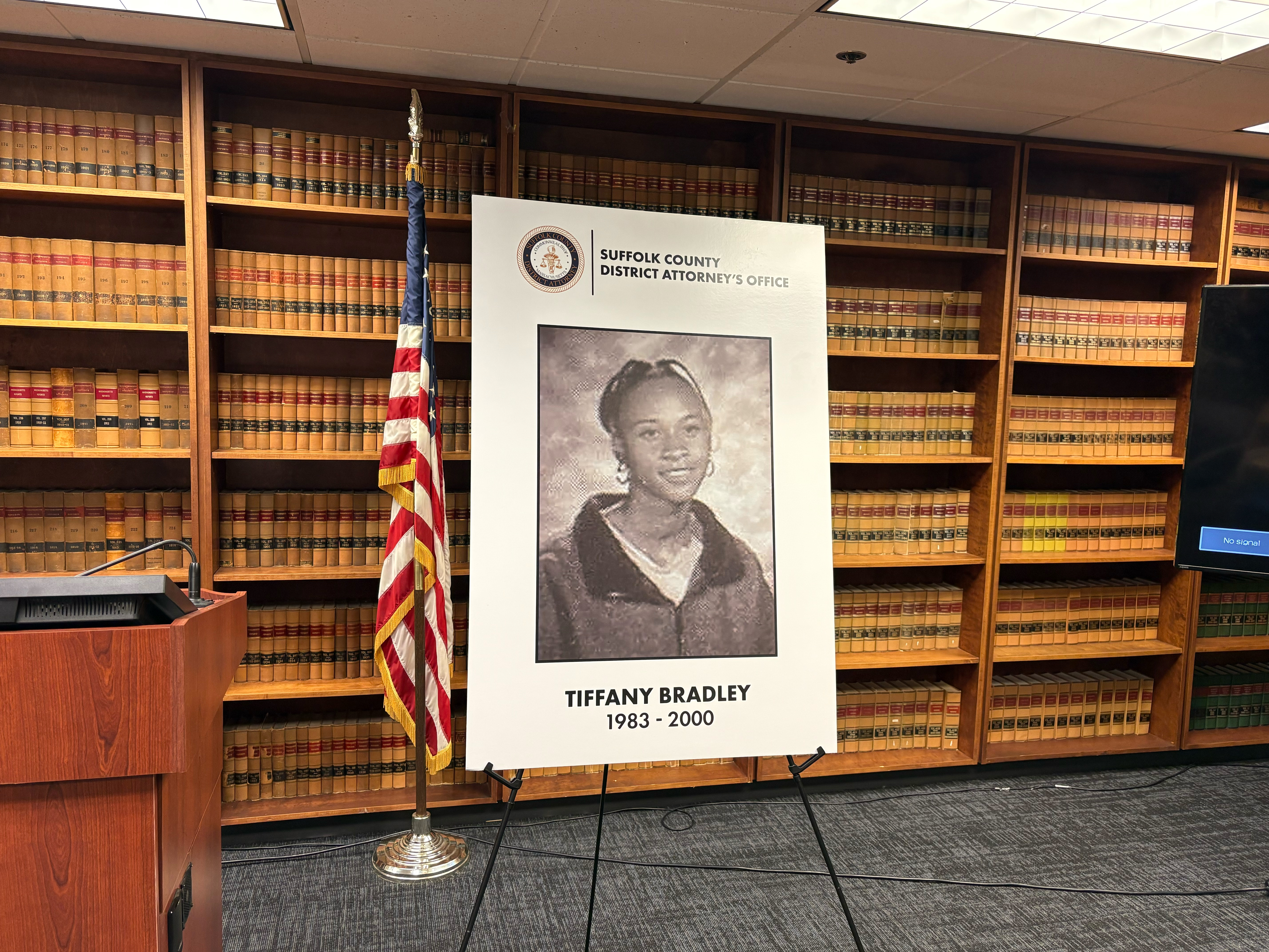 A picture of Tiffany Bradley, a woman identified as the long-unknown victim of a murder in Massachusetts in the year 2000, displayed at a news conference in Boston on Wednesday, June 3, 2026.