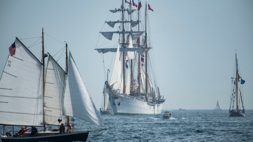 Tall ships make their way toward Boston during the Sail Boston Parade of Sail in Boston Harbor in Boston, Massachusetts on July 11, 2026. (Photo by Joseph Prezioso / AFP via Getty Images)