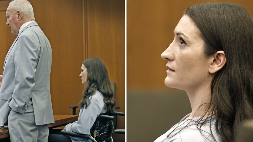 Two images of Lindsay Clancy in court Monday, July 20, 2026, for the beginning of jury selection in her murder trial