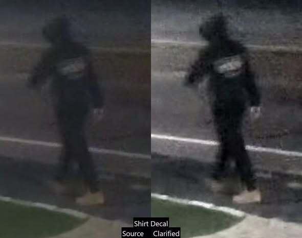 An image (seen clarified at right) of a person of interest wanted for questioning in a breaking-and-entering case in Bellingham, Massachusetts.