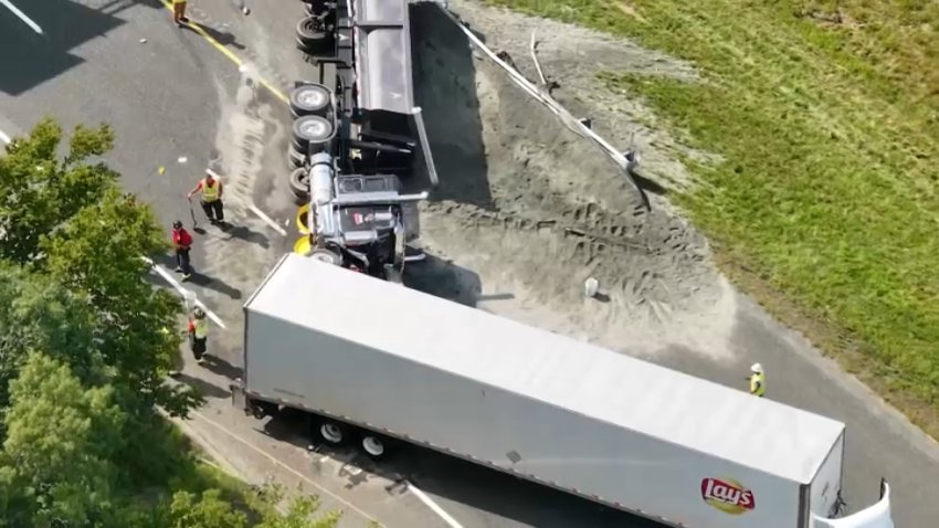 The aftermath of a truck crash on I-295 in North Attleborough, Massachusetts, on Friday, Aug. 28, 2026.