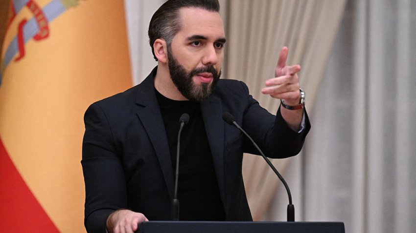 El Salvador’s President Nayib Bukele gestures during a press conference following announcements on Spanish investment and economic cooperation in the country at the Presidential House in San Salvador on October 13, 2026. (Photo by MARVIN RECINOS / AFP via Getty Images)
